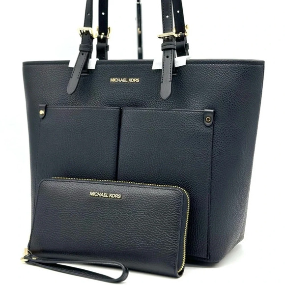 Michael Kors Jet Set Medium Pocket Tote Bag & Continental Wallet Wristlet Black - Picture 1 of 13